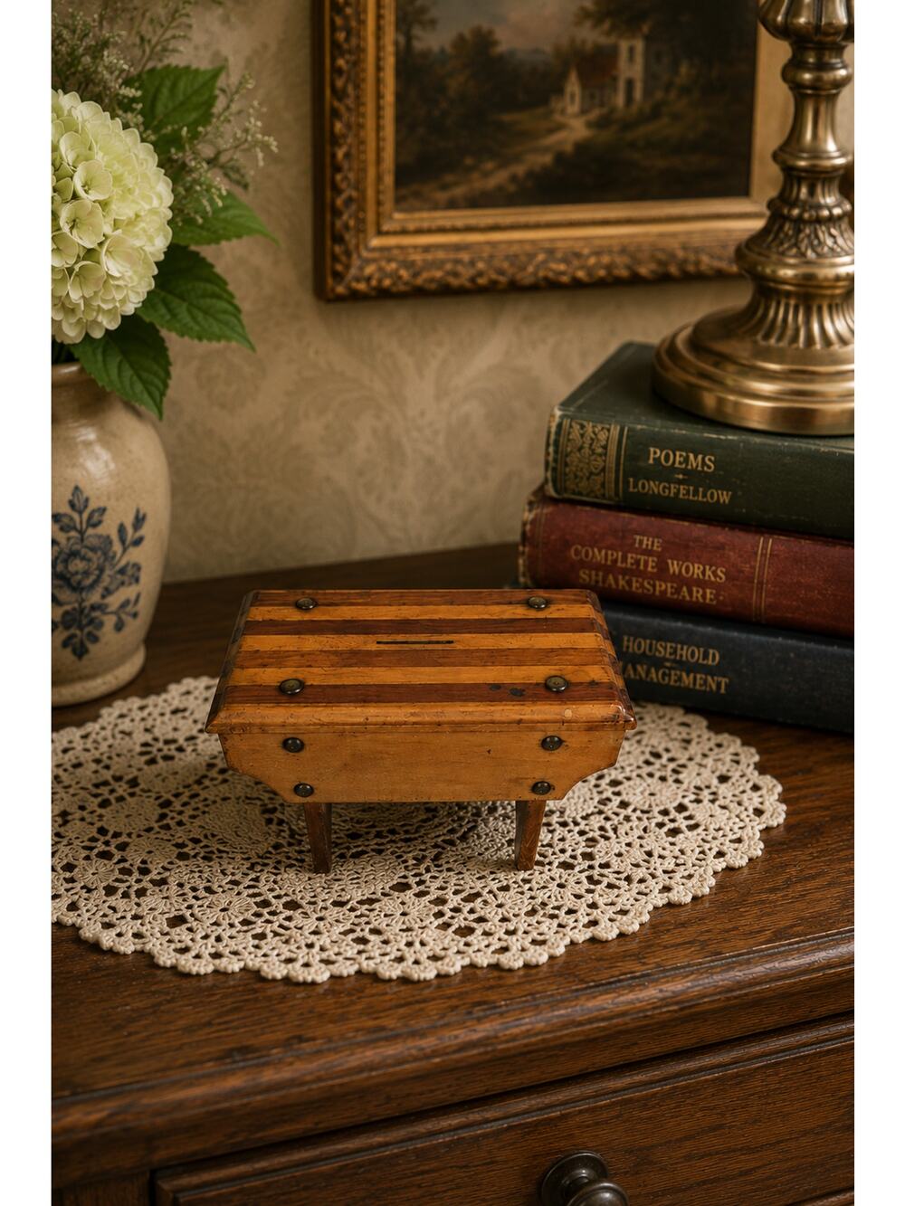 Vintage Wooden Victorian Miniature Stool Money Box antique 2 Tone Wood